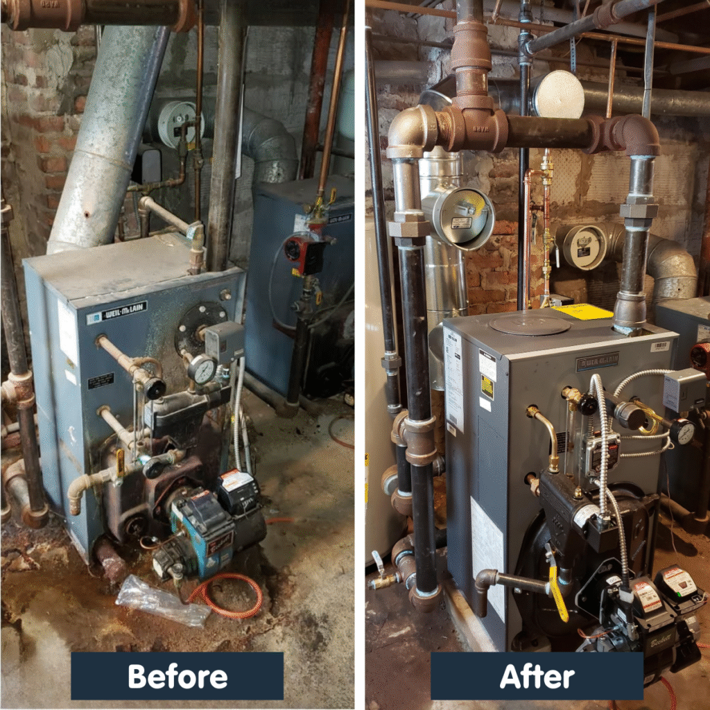 Before and after oil boiler replacement in Saugus MA with new Weil-McLain boiler and oil burner Before and after oil boiler replacement in Saugus MA with new Weil-McLain boiler and oil burner Before and after oil boiler replacement in Saugus MA with new Weil-McLain boiler and oil burner