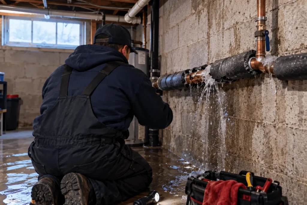 Burst pipe leaking water onto a basement ceiling after a freeze