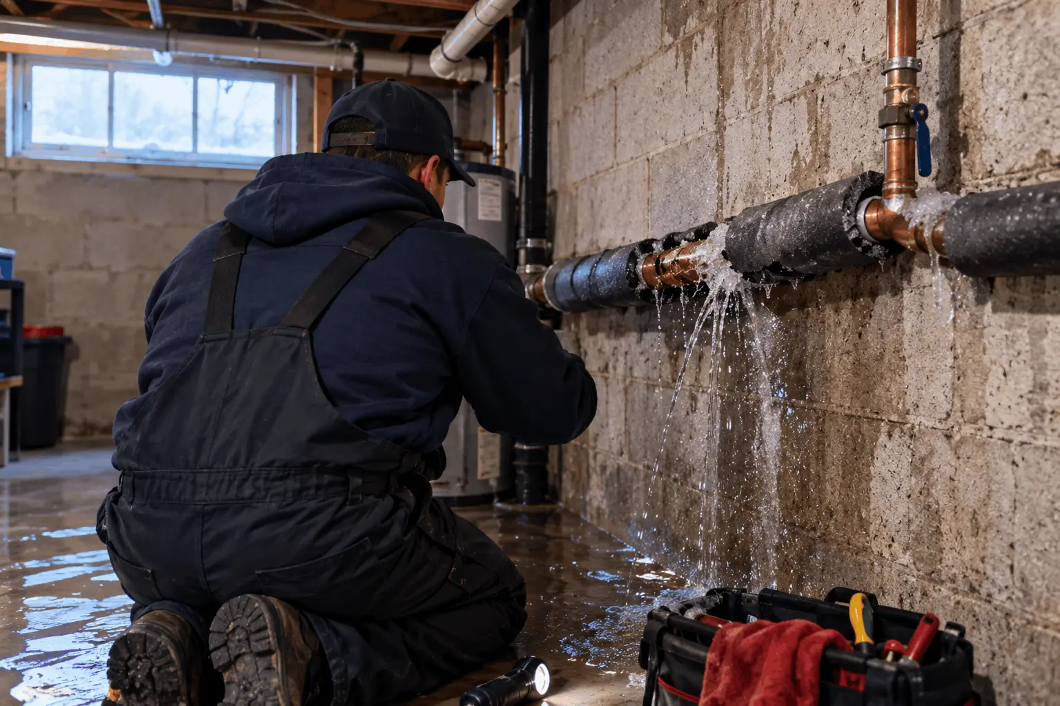 Burst pipe leaking water onto a basement ceiling after a freeze
